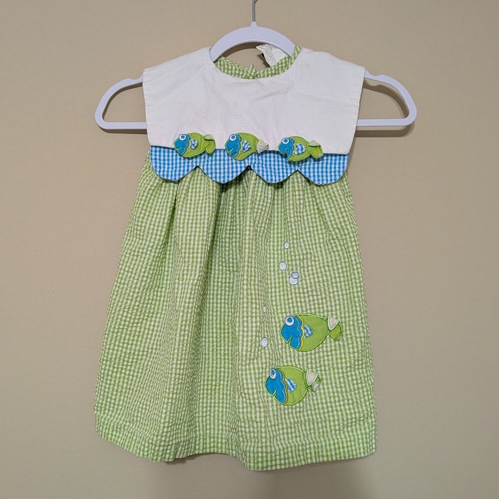 Rare Editions 4T Green & Plaid Fish Dress With A Bib Style Neckline